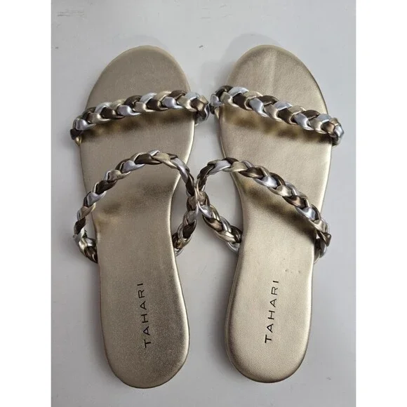 Tahari Size 8 Metallic Gold Slide Sandals Braided Gold Silver Strap Flat Slip on - Picture 1 of 7